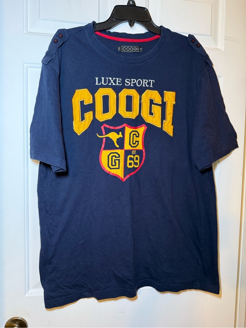 Coogi Luxe Sport Men’s Top XL Navy Epitaph Embroidered Logo Crest Back Graphic